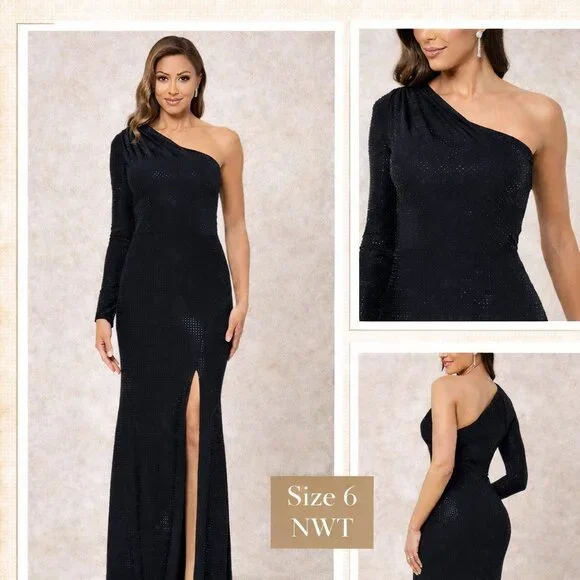 Xscape Black Rhinestone Embellished One-Shoulder Jersey Dress 12 NWT Formal Gown - Picture 6 of 7